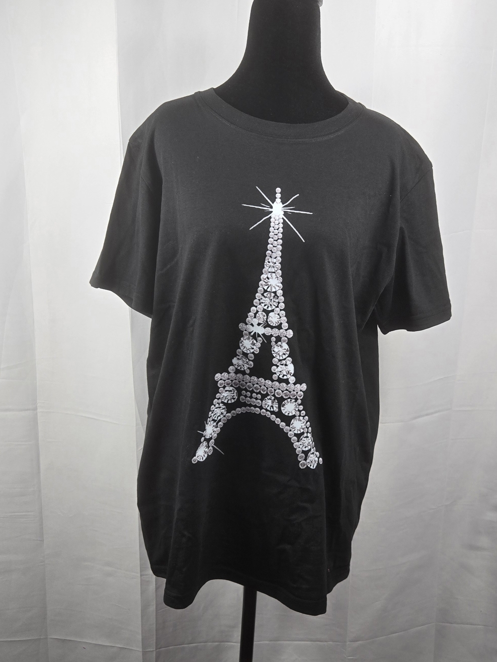 Black Short Sleeve Tee with Eiffel Tower Rhinestone Graphic